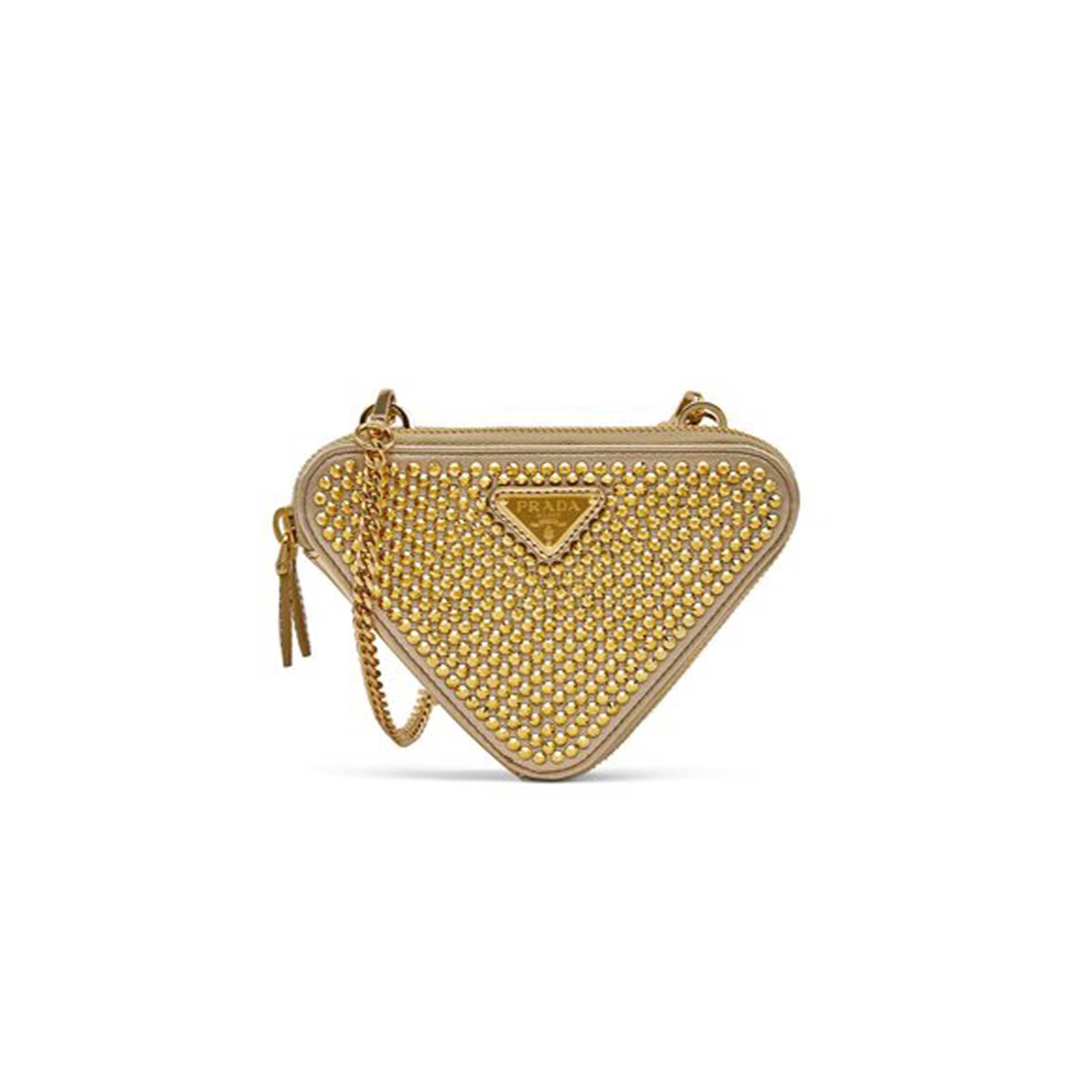 Pra*a satin crystal mini triangle crossbody pouch platino 1nr015 (15*10cm)